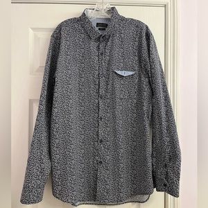 Zara Man Slim Fit Navy Blue & White Motif Button Down Shirt Size XL